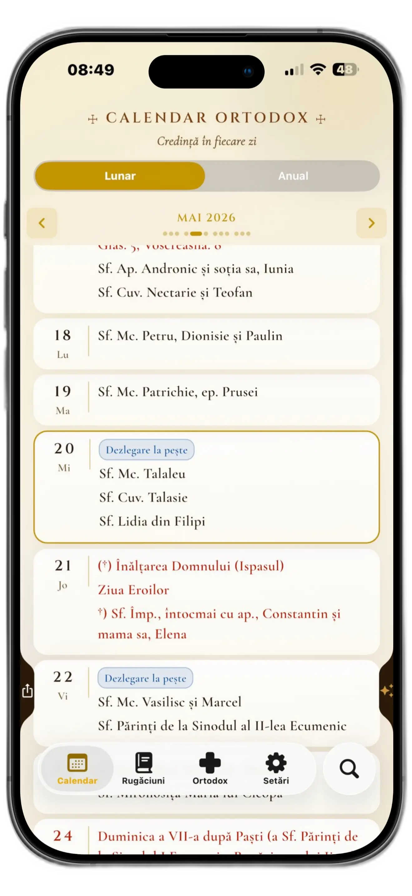 Screenshot aplicație Calendar Ortodox