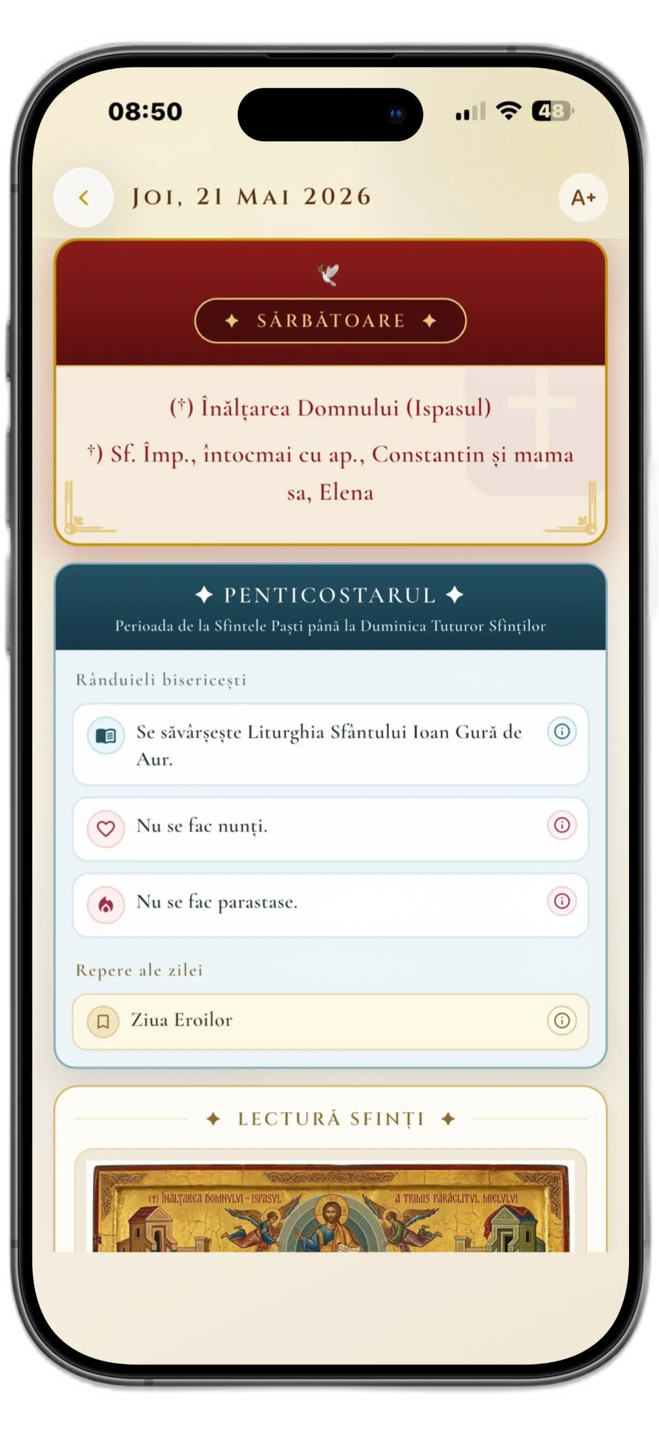 Screenshot aplicație Calendar Ortodox