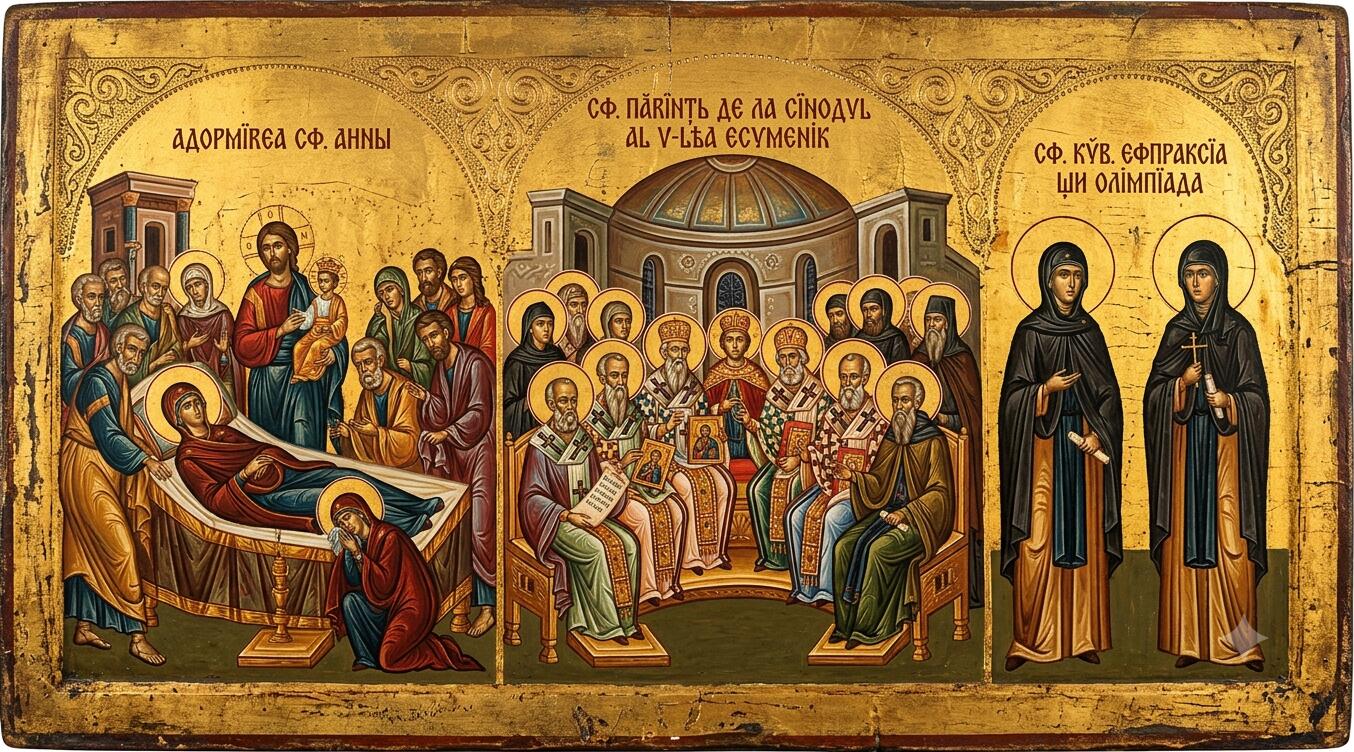 Adormirea Sf. Ana, mama Preasfintei Născătoare de Dumnezeu;Sf. Părinți de la Sinodul al V-lea Ecumenic;Sf. Cuv. Eupraxia și Olimpiada - Triumful Smereniei și Păzitorii Adevărului: Trei Trepte spre Cer