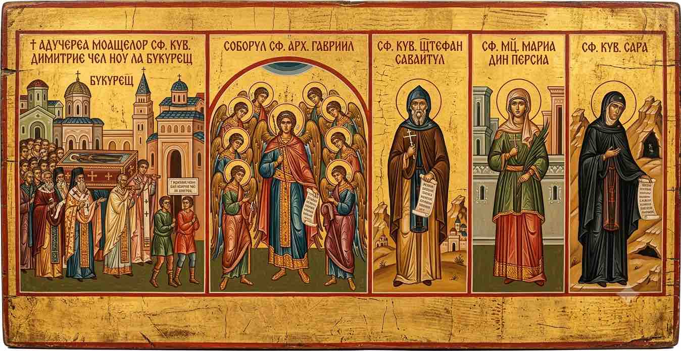 † Aducerea moaștelor Sfântului Cuvios Dimitrie cel Nou la București;Soborul Sf. Arh. Gavriil;Sf. Cuv. Ștefan Savaitul;Sf. Mc. Maria din Persia;Sf. Cuv. Sara - Lumina din Cenușa Timpului: Cronici ale Harului și Jertfei