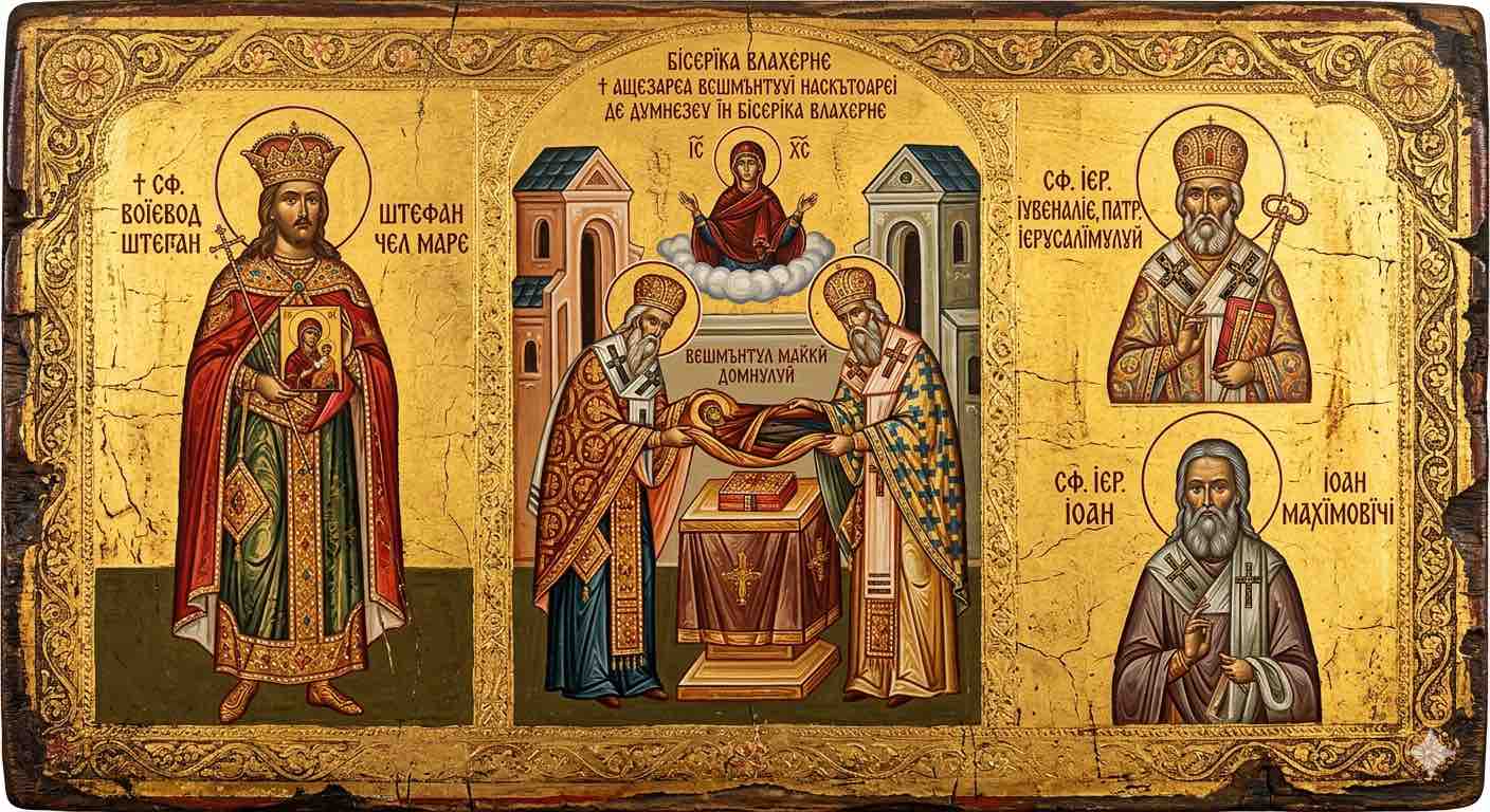 Așezarea veșmântului Născătoarei de Dumnezeu în biserica Vlaherne - Omoforul Istoriei: De la Vlaherne la Sabia și Crucea Credinței