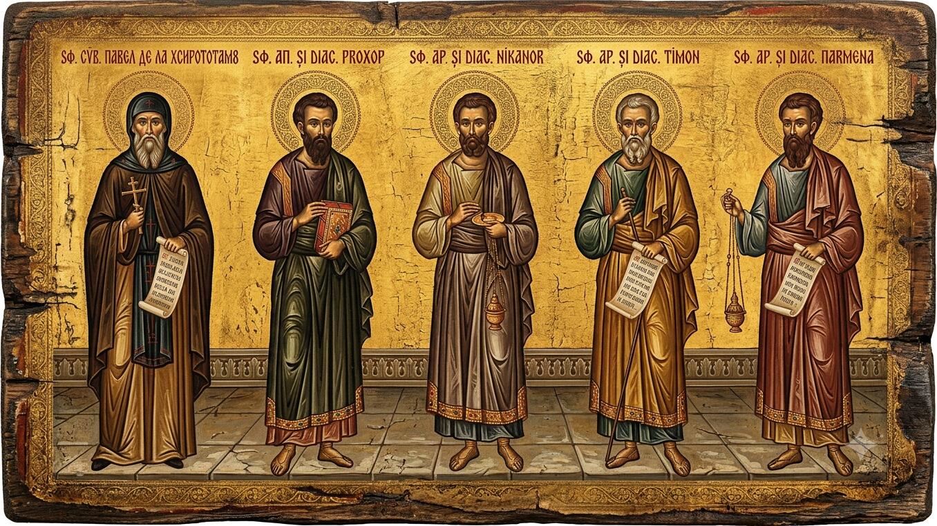 Sf. Ap. și Diac. Prohor, Nicanor, Timon și Parmena;Sf. Cuv. Pavel de la Xiropotamu - Făcliile Slujirii și Tăcerea Athosului: Patru Diaconi și un Prinț al Rugăciunii
