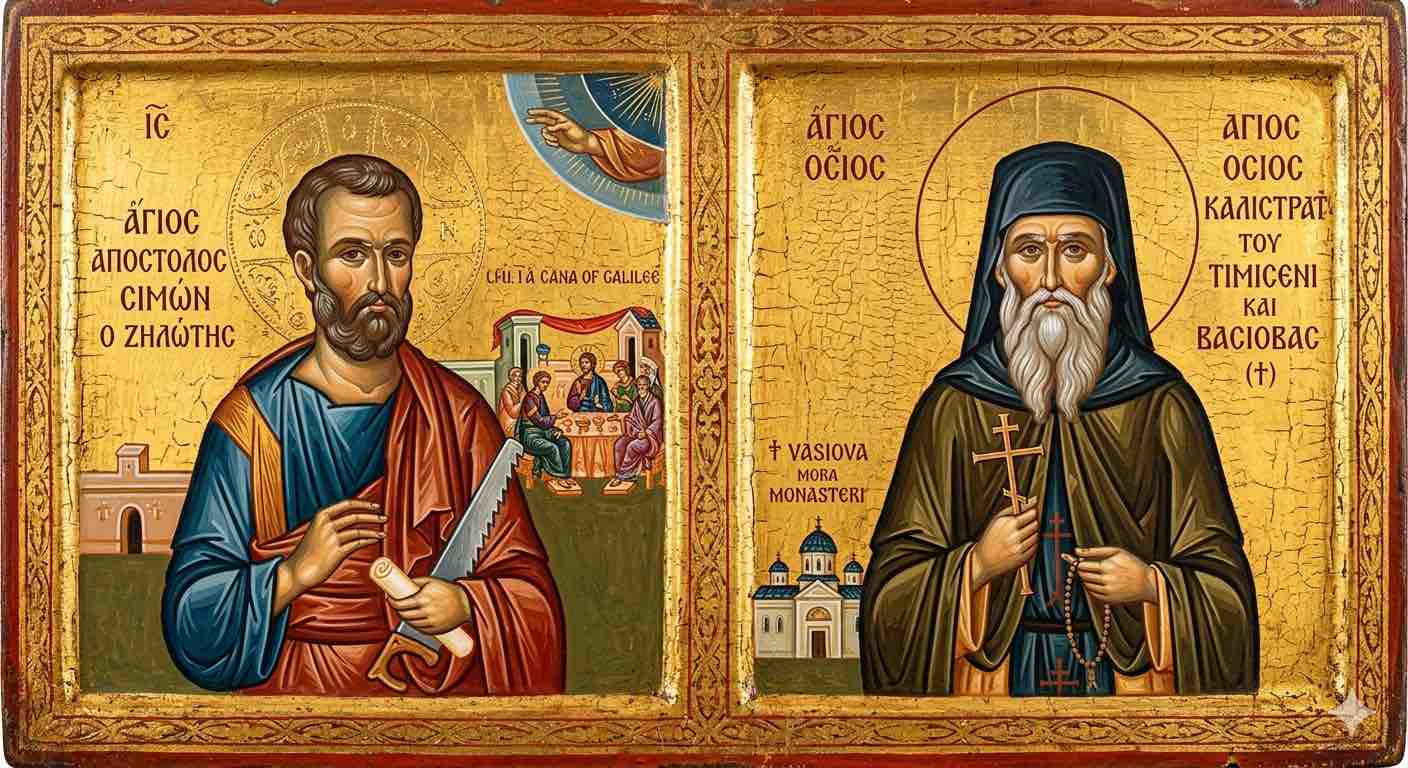 Sf. Ap. Simon Zilotul; †) Sf. Cuv. Calistrat de la Timișeni și Vasiova - Mirele lui Hristos și Sihastrul Munților: Apostolul Simon Zilotul și Cuviosul Calistrat