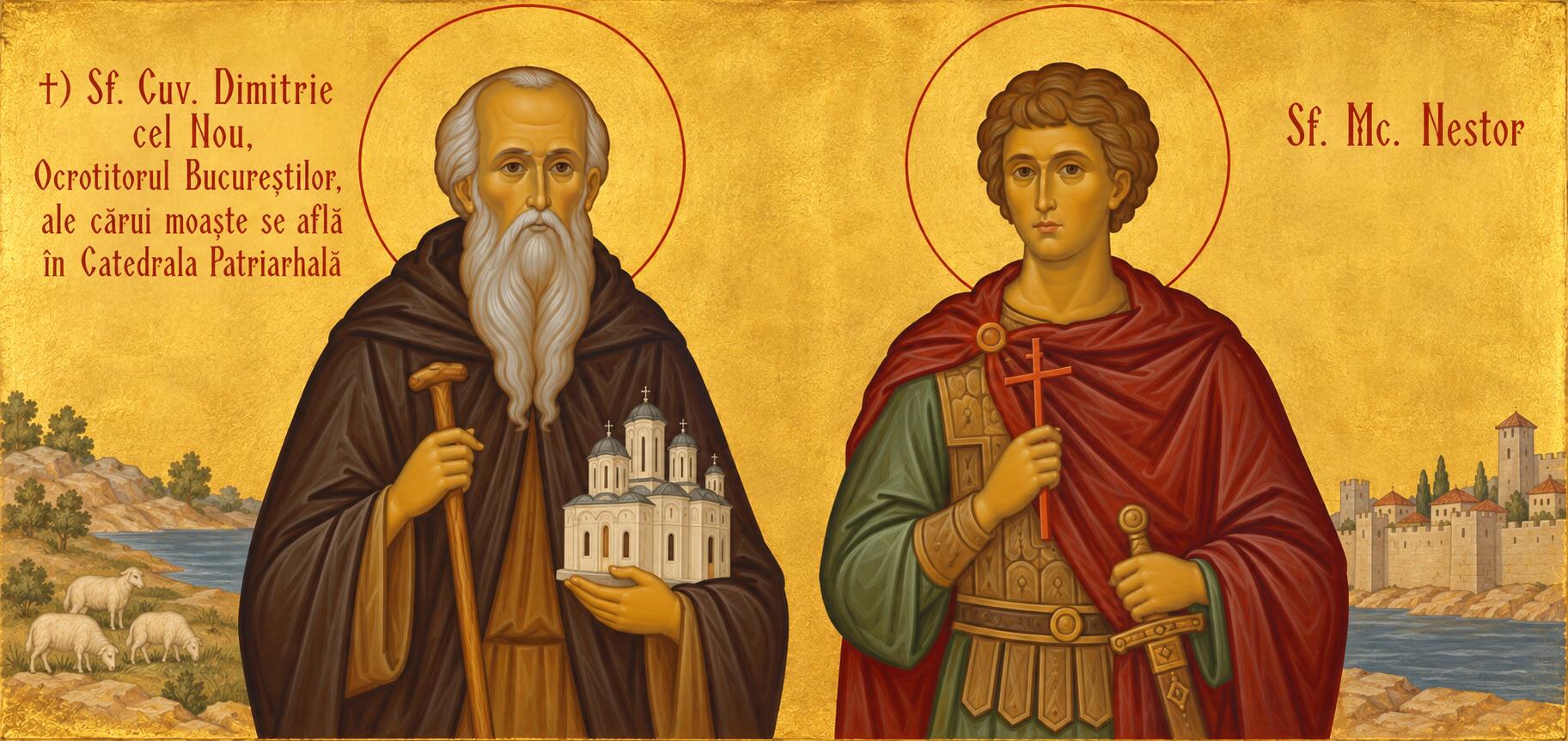 †) Sf. Cuv. Dimitrie cel Nou, Ocrotitorul Bucureștilor, ale cărui moaște se află în Catedrala Patriarhală;Sf. Mc. Nestor