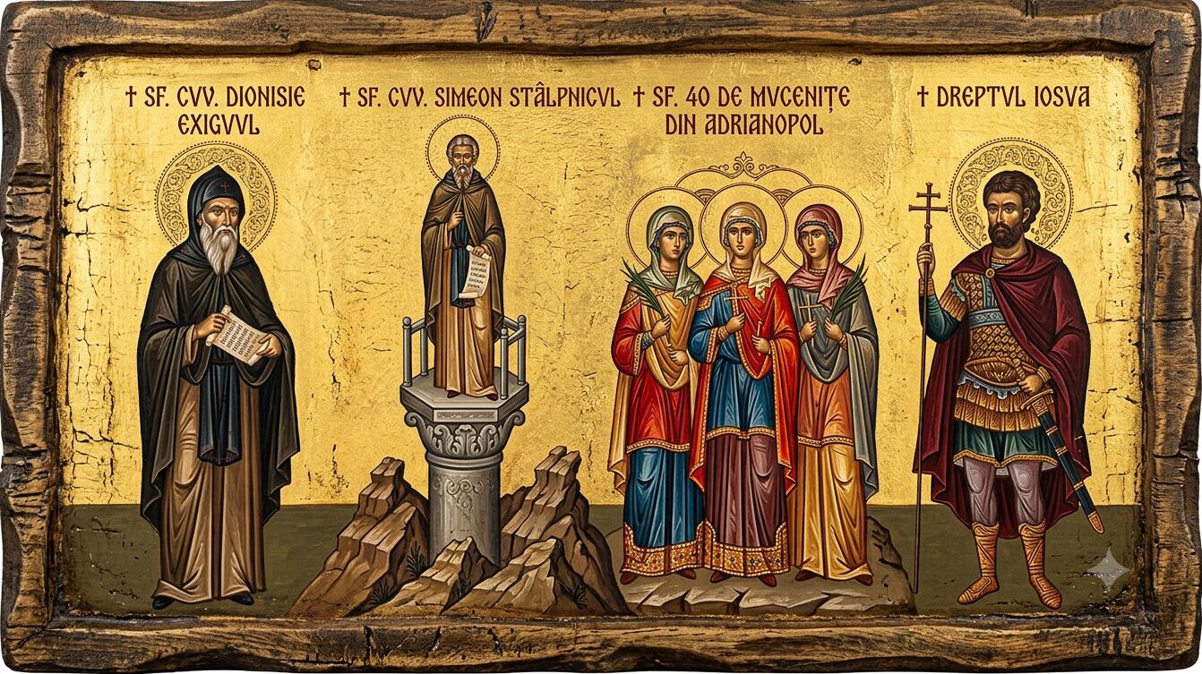 † Sf. Cuv. Dionisie Exiguul (cel Smerit);Sf. Cuv. Simeon Stâlpnicul;Sf. 40 de Mucenițe din Adrianopol;Dreptul Iosua - Începutul Anului și Modelele Desăvârșirii: Sfântul Simeon Stâlpnicul, Sfântul Dionisie cel Smerit, Dreptul Iosua și Cele 40 de Mucenice