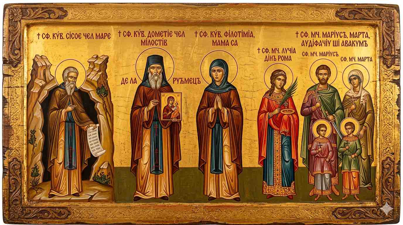 †) Sf. Cuv. Dometie cel Milostiv de la Râmeț și mama sa, Sf. Cuv. Filotimia;Sf. Cuv. Sisoe cel Mare;Sf. Mc. Lucia din Roma;Sf. Mc. Marius, soția sa, Marta, și fiii lor, Audifaciu și Avacum