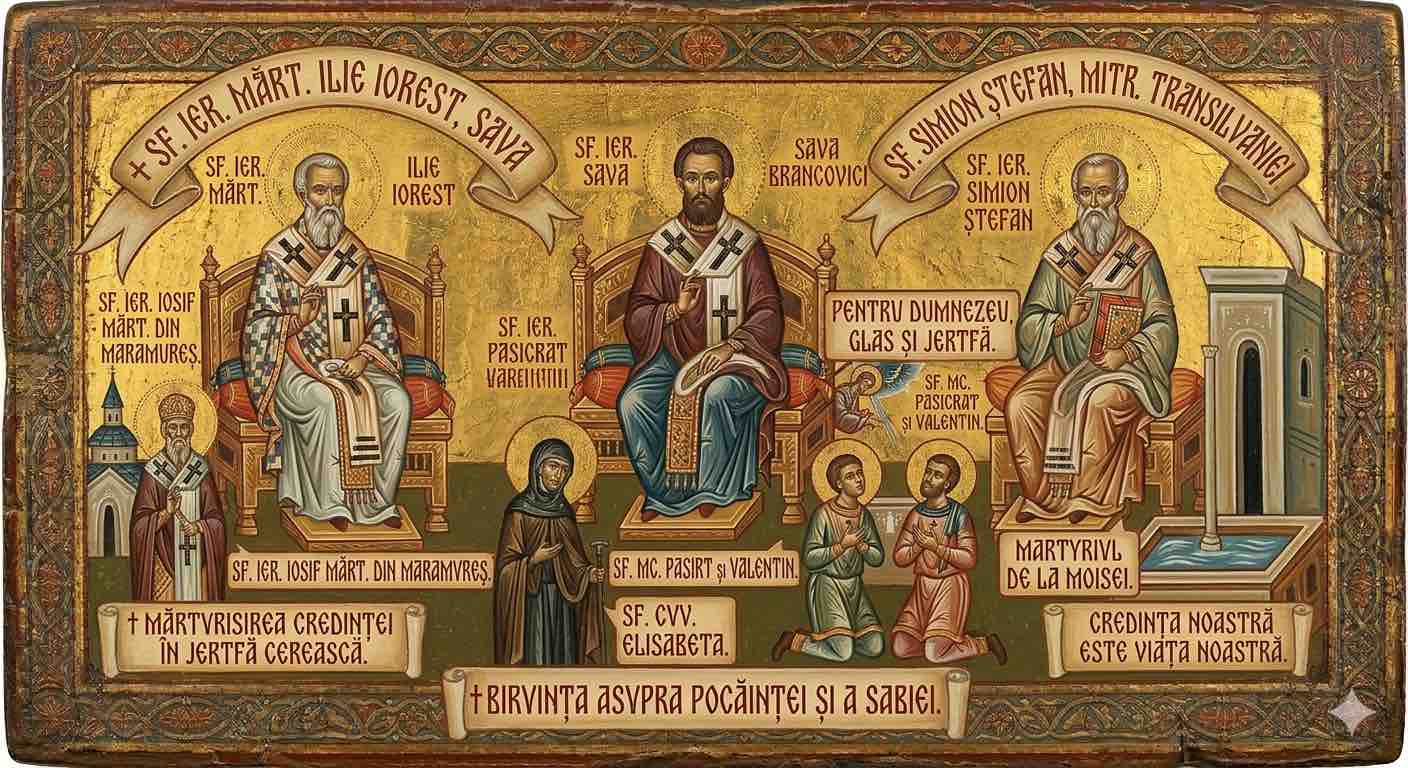 †) Sf. Ier. Mărt. Ilie Iorest, Sava Brancovici și Simion Ștefan, mitr. Transilvaniei;Sf. Ier. Iosif Mărt. din Maramureș;Sf. Mc. Pasicrat și Valentin;Sf. Cuv. Elisabeta - Ierarhii de Fier și Crinii Jertfei: Mărturisirea care a unit Munții cu Cerul
