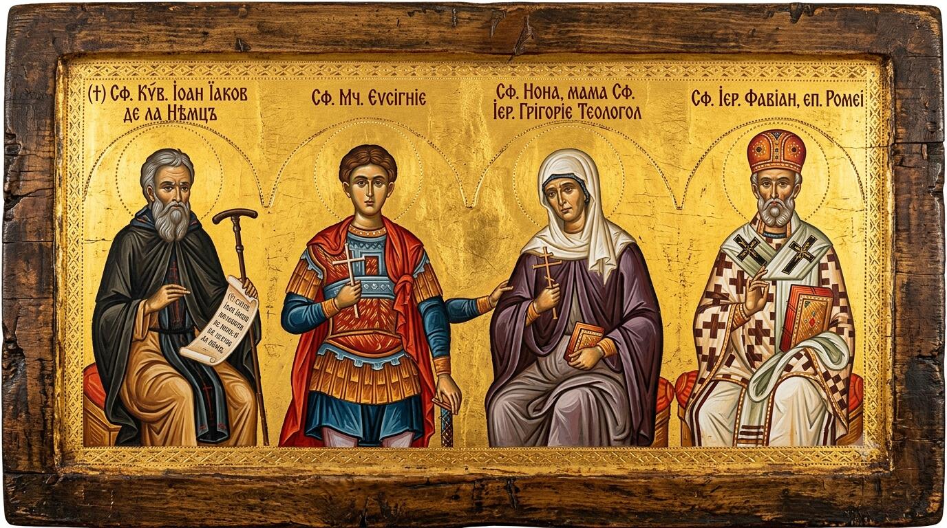 †) Sf. Cuv. Ioan Iacob de la Neamț;Sf. Mc. Evsignie;Sf. Nona, mama Sf. Ier. Grigorie Teologul;Sf. Ier. Fabian, ep. Romei - Sihastrul de la Iordan și Potirele de Har din Vechiul Veac