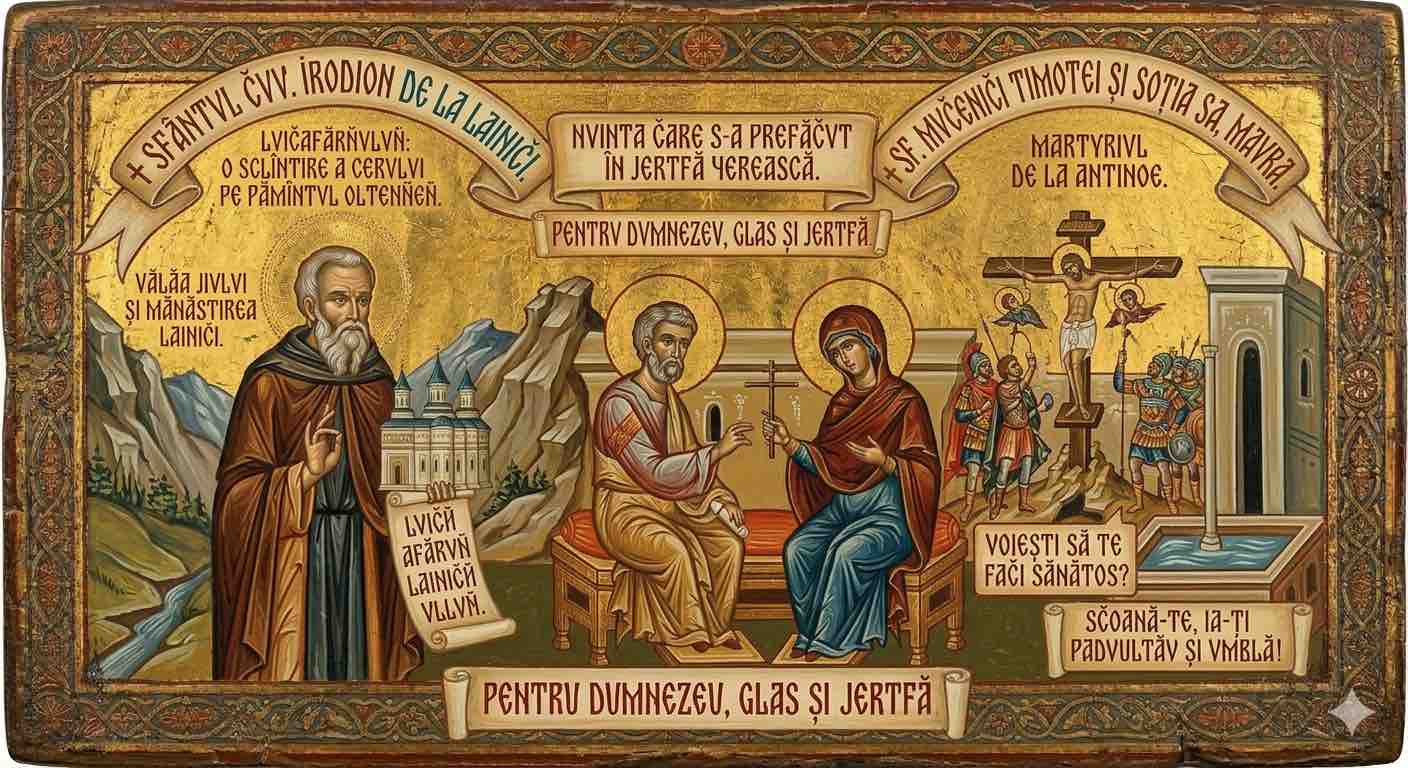 †) Sf. Cuv. Irodion de la Lainici;Sf. Mc. Timotei și soția sa, Mavra - Luceafărul Lainiciului și Nunta de Sânge a Antinoelui: Doi Stâlpi ai Credinței și Dragostei Jertfelnice