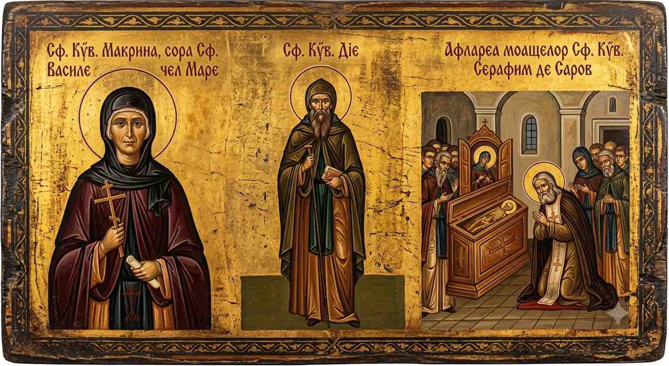 Sf. Cuv. Macrina, sora Sf. Vasile cel Mare;Sf. Cuv. Die;Aflarea moaștelor Sf. Cuv. Serafim de Sarov - Potirul Pustiei și Lumina din Pădurea deasă: Trei Popasuri pe Calea Sfințeniei