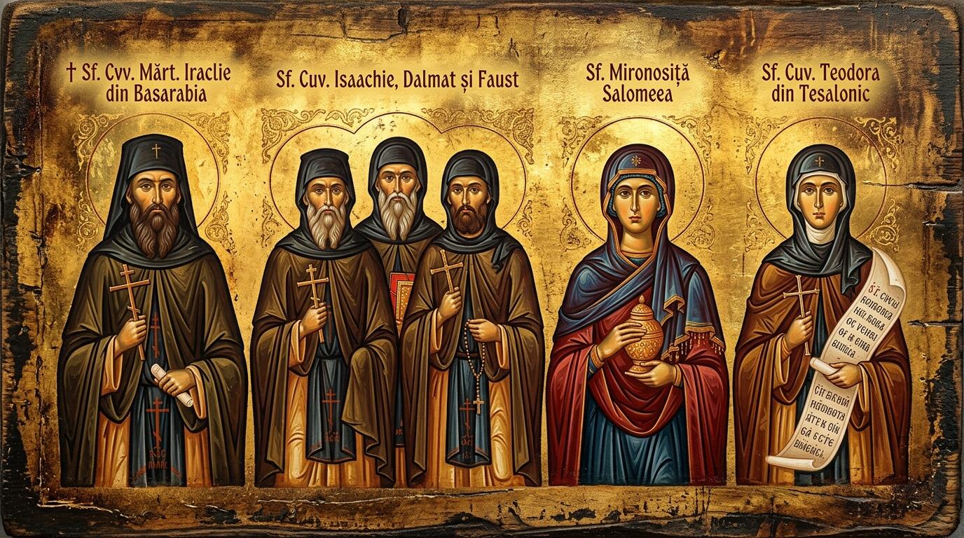 †) Sf. Cuv. Mărt. Iraclie din Basarabia;Sf. Cuv. Isaachie, Dalmat și Faust;;Sf. Mironosiță Salomeea;Sf. Cuv. Teodora din Tesalonic - Strălucirea Smereniei și Solii Învierii: Patru Făclii din Veacuri Diferite