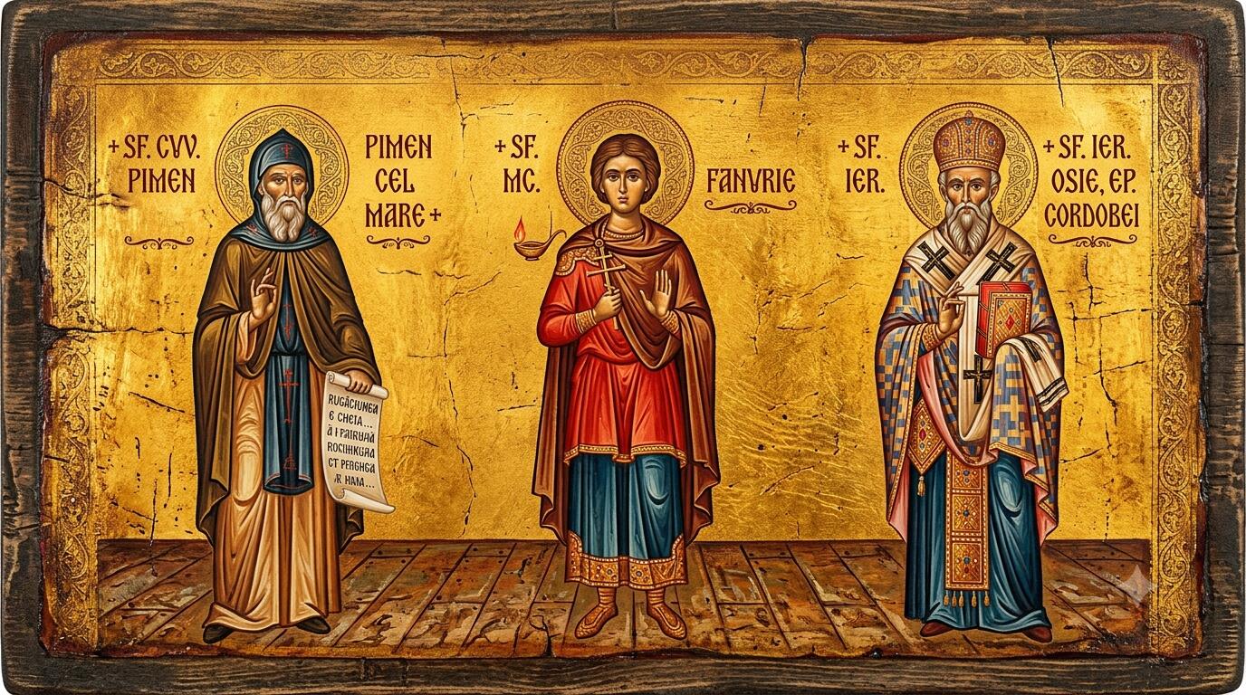 Sf. Cuv. Pimen cel Mare;Sf. Mc. Fanurie;Sf. Ier. Osie, ep. Cordobei - Izvoarele Înțelepciunii și Făclia din Întuneric: Sfântul Pimen cel Mare, Sfântul Fanurie și Sfântul Osie al Cordobei
