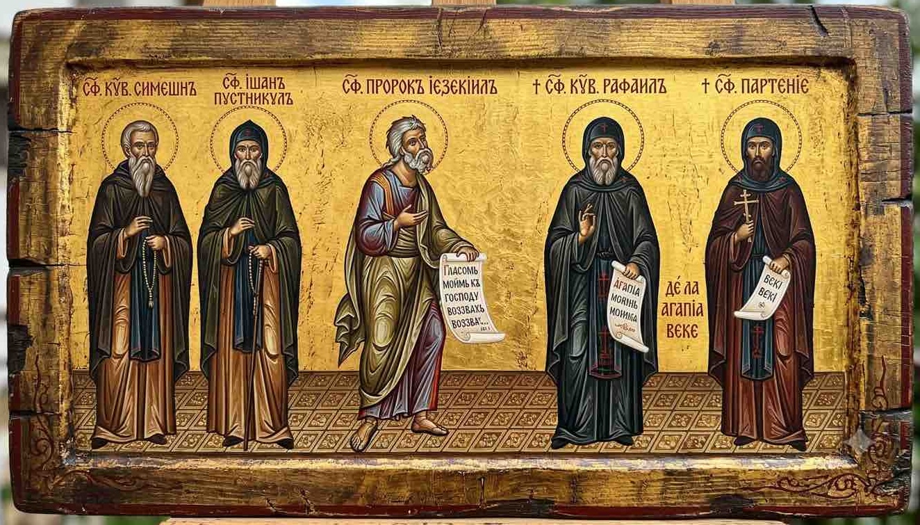 Sf. Cuv. Simeon și Ioan Pustnicul;Sf. Prooroc Iezechiel;†) Sf. Cuv. Rafail și Partenie, de la Agapia Veche - Priviri în Abisul Slavei: Tăinuirea Lumii, Carele de Foc și Sfinții din Codrii Agapiei