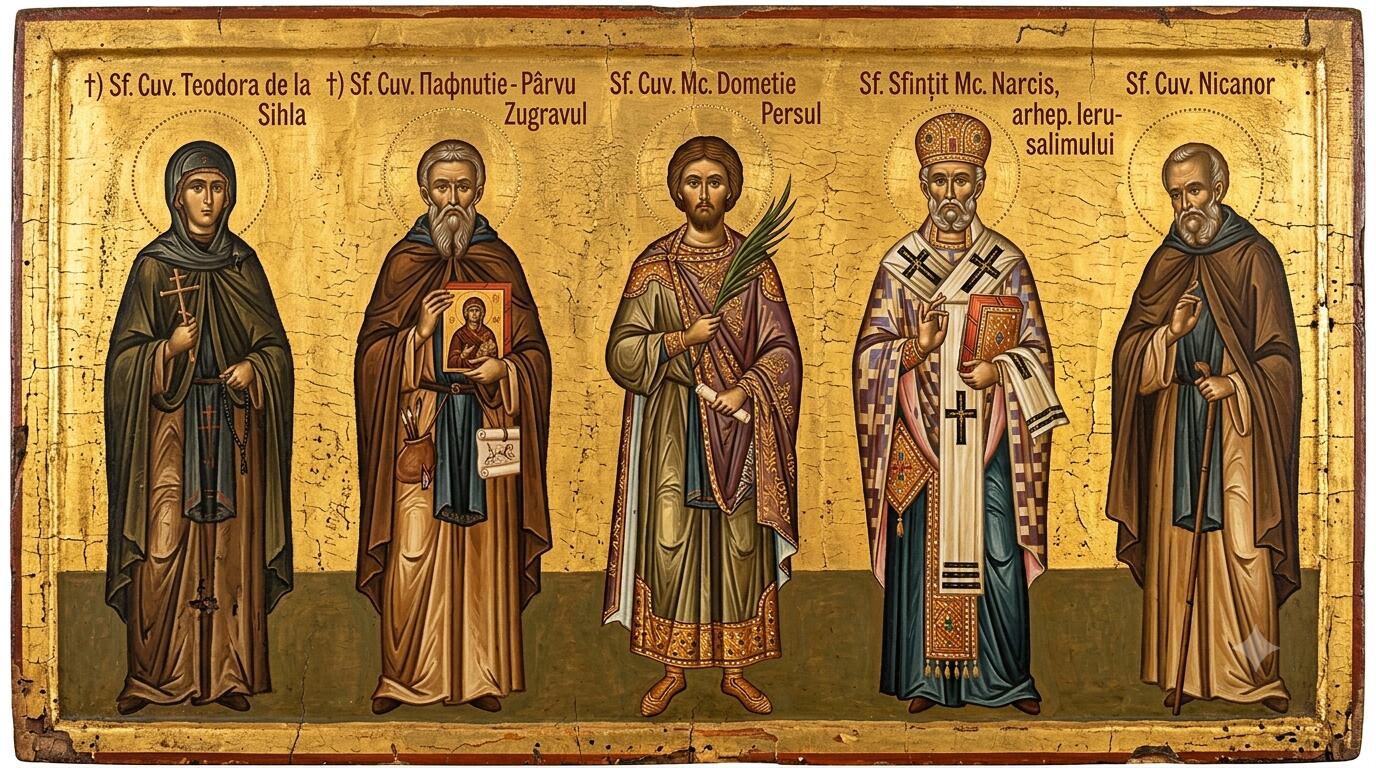 †) Sf. Cuv. Teodora de la Sihla;†) Sf. Cuv. Pafnutie - Pârvu Zugravul;Sf. Cuv. Mc. Dometie Persul;Sf. Sfințit Mc. Narcis, arhep. Ierusalimului;Sf. Cuv. Nicanor - Potirele Smereniei și Penelul Harului: Făclii din Carpați și din Pustia Răsăritului