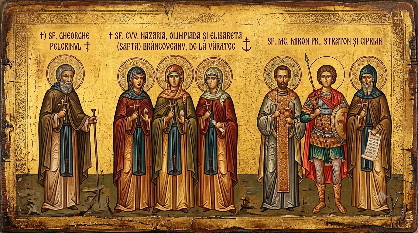†) Sf. Gheorghe Pelerinul;† Sf. Cuv. Nazaria, Olimpiada și Elisabeta (Safta) Brâncoveanu, de la Văratec;Sf. Mc. Miron pr., Straton și Ciprian - Făcliile Rugăciunii și Amvonul din Arenă: Sfinții Gheorghe Pelerinul, Cuvioasele de la Văratec și Mucenicul Miron