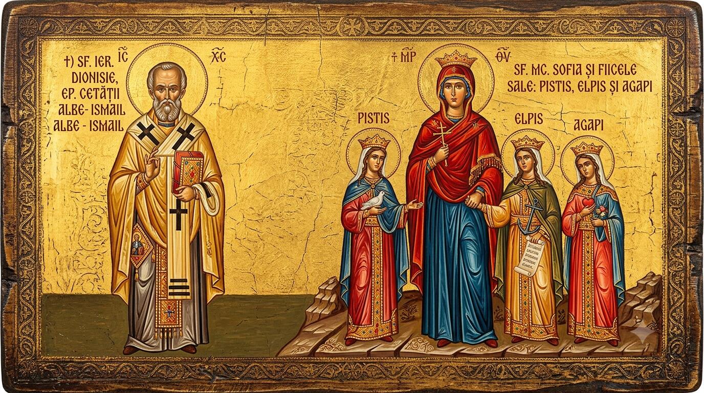 †) Sf. Ier. Dionisie, ep. Cetății Albe - Ismail;Sf. Mc. Sofia și fiicele sale: Pistis, Elpis și Agapi - Izvoarele Credinței, ale Înțelepciunii și ale Iubirii: Sfântul Ierarh Dionisie, Episcopul Cetății Albe - Ismail, alături de Sfânta Sofia și fiicele sale, Pistis, Elpis și Agapi
