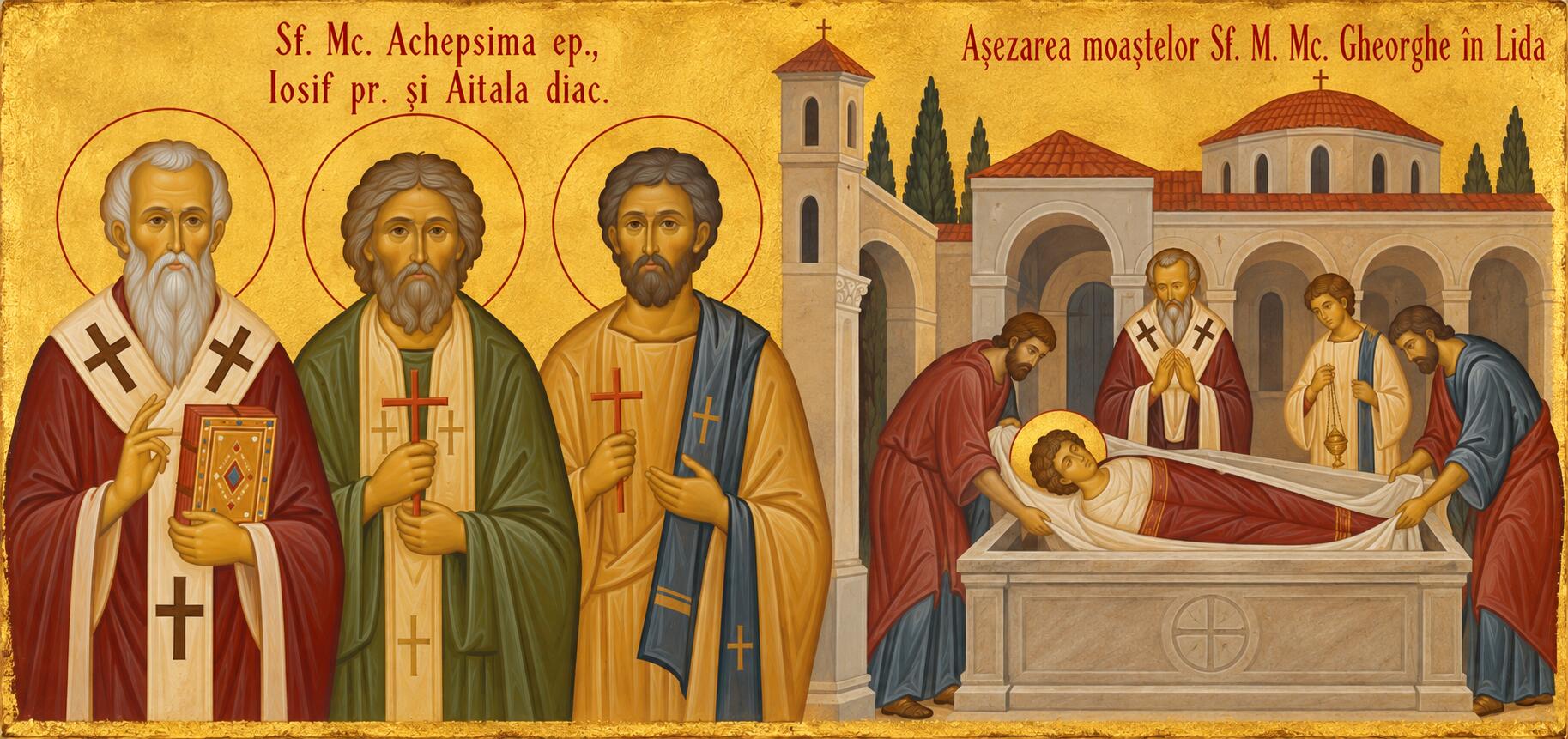 Sf. Mc. Achepsima ep., Iosif pr. și Aitala diac.;Așezarea moaștelor Sf. M. Mc. Gheorghe în Lida
