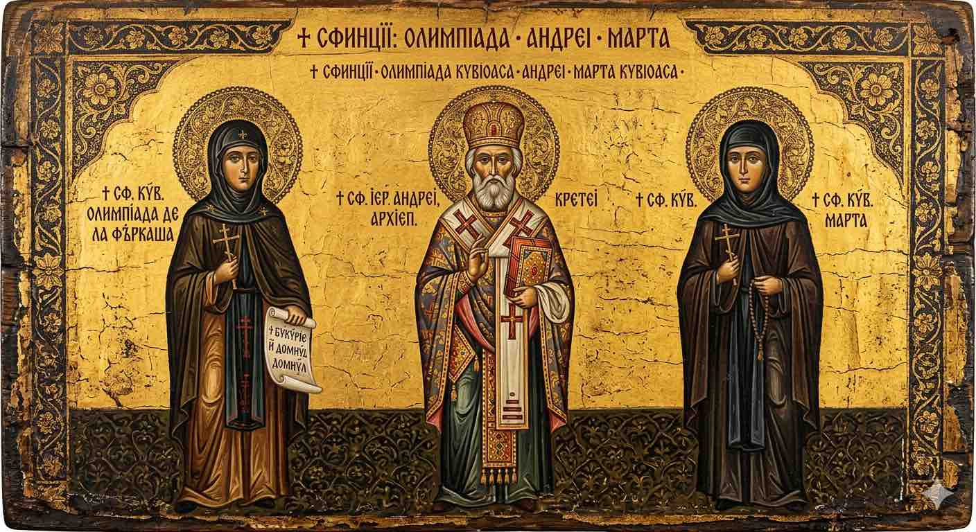 † Sf. Olimpiada de la Fărcașa;‎ Sf. Ier. Andrei, arhiep. Cretei;Sf. Cuv. Marta - Icoane ale Jertfei și Cântării: De la Creta la Inima Moldovei
