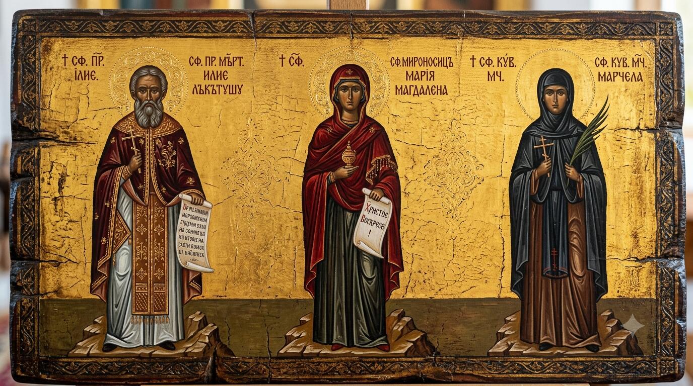 †) Sf. Pr. Mărt. Ilie Lăcătușu;Sf. Mironosiță, întocmai cu Ap., Maria Magdalena;Sf. Cuv. Mc. Marcela - Lumina din Cătușe și Flacăra Învierii: Trei Destine Închinate Cerului