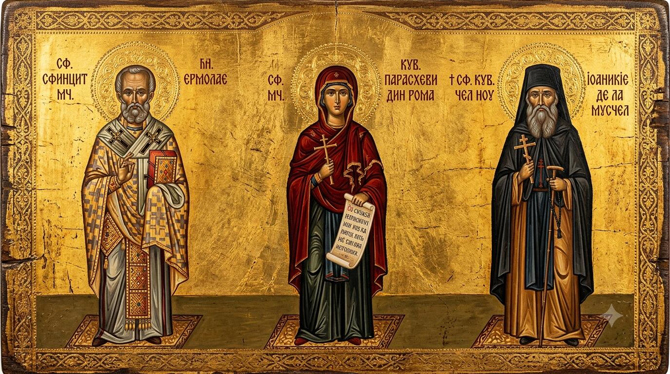 Sf. Sfințit Mc. Ermolae;Sf. Mc. Cuv. Paraschevi din Roma;†) Sf. Cuv. Ioanichie cel Nou de la Muscel (Argeș) - Potirul Râvnei și Tăcerea Munților: Trei Izvoare de Har