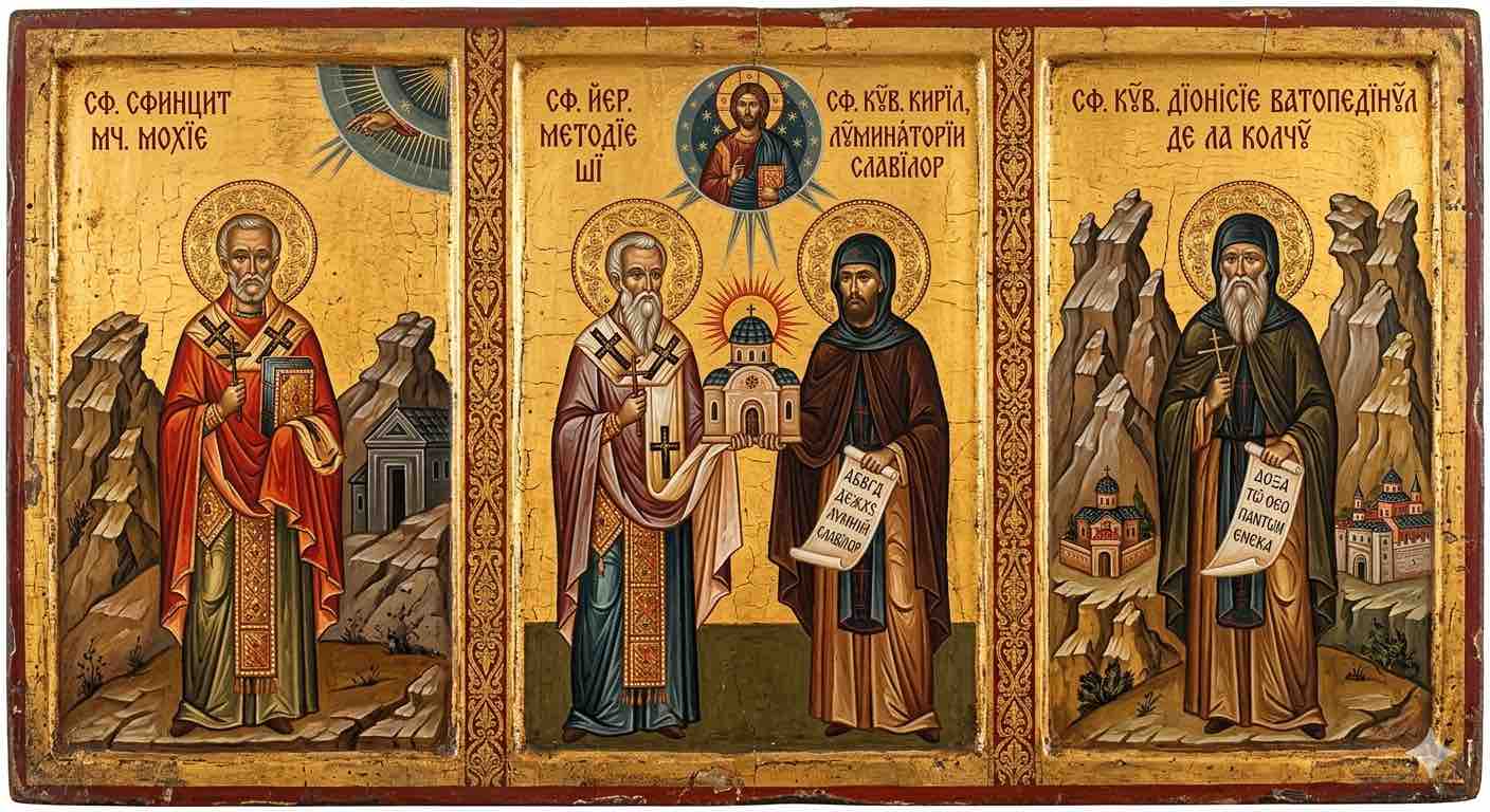 Sf. Sfințit Mc. Mochie pr.; Sf. Ier. Metodie și Sf. Cuv. Chiril, luminătorii slavilor;†) Sf. Cuv. Dionisie Vatopedinul de la Colciu - Potirul Jertfei și Slovele Duhului: Sfântul Mochie, Luminătorii Slavilor și Cuviosul Dionisie