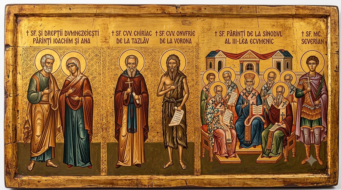 Sf. și Drepții dumnezeiești Părinți Ioachim și Ana;†) Sf. Cuv. Chiriac de la Tazlău;†) Sf. Cuv. Onufrie de la Vorona;Sf. Părinți de la Sinodul al III-lea Ecumenic;Sf. Mc. Severian - Modelele Sfințeniei Românești, Tradiția Ecumenică și Bunicii lui Hristos: Sfinții Ioachim și Ana, Cuvioșii Chiriac de la Tazlău și Onufrie de la Vorona